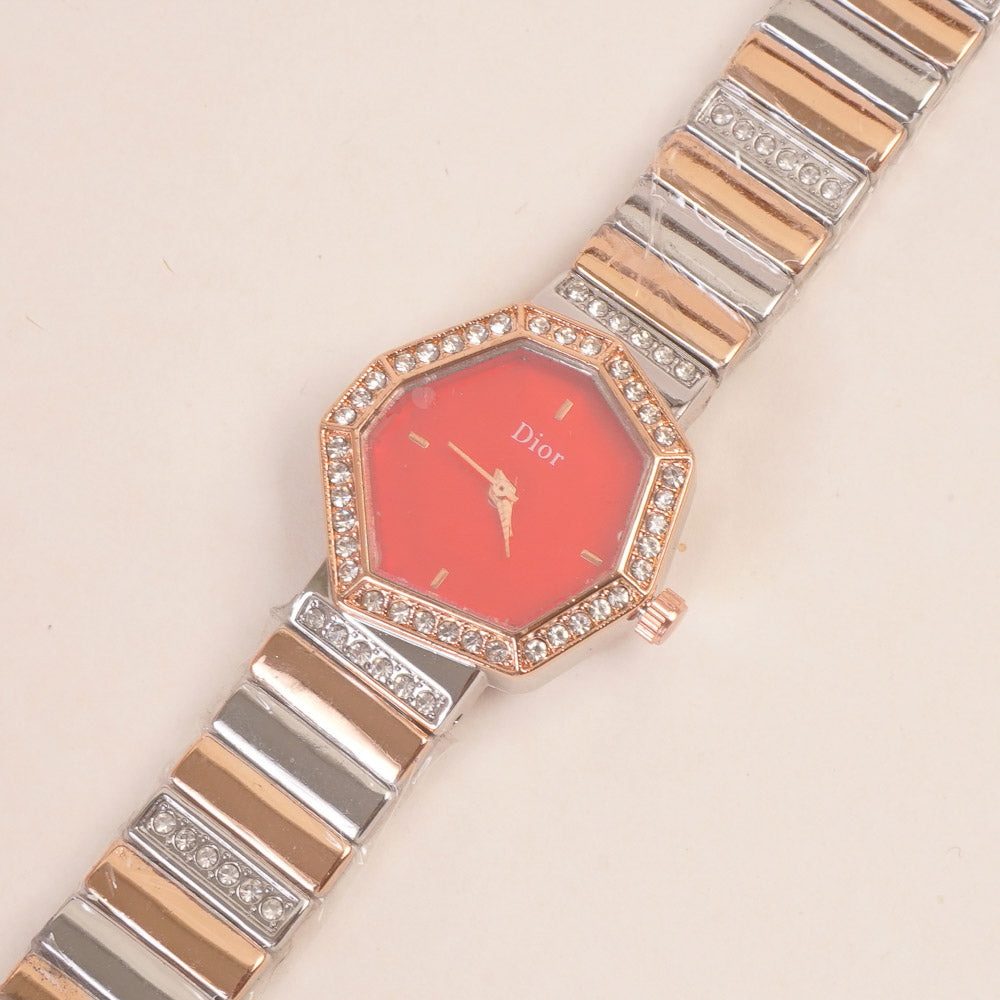 Two Tone Women Stone Design Chain Wrist Watch Rosegold Red