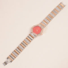 Two Tone Women Stone Design Chain Wrist Watch Rosegold Red