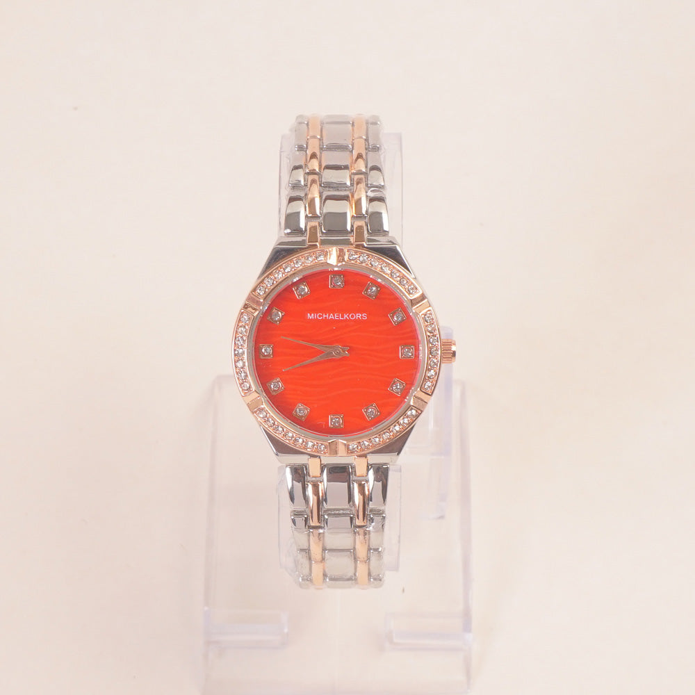 Two Tone Women Chain Wrist Watch Rosegold Red