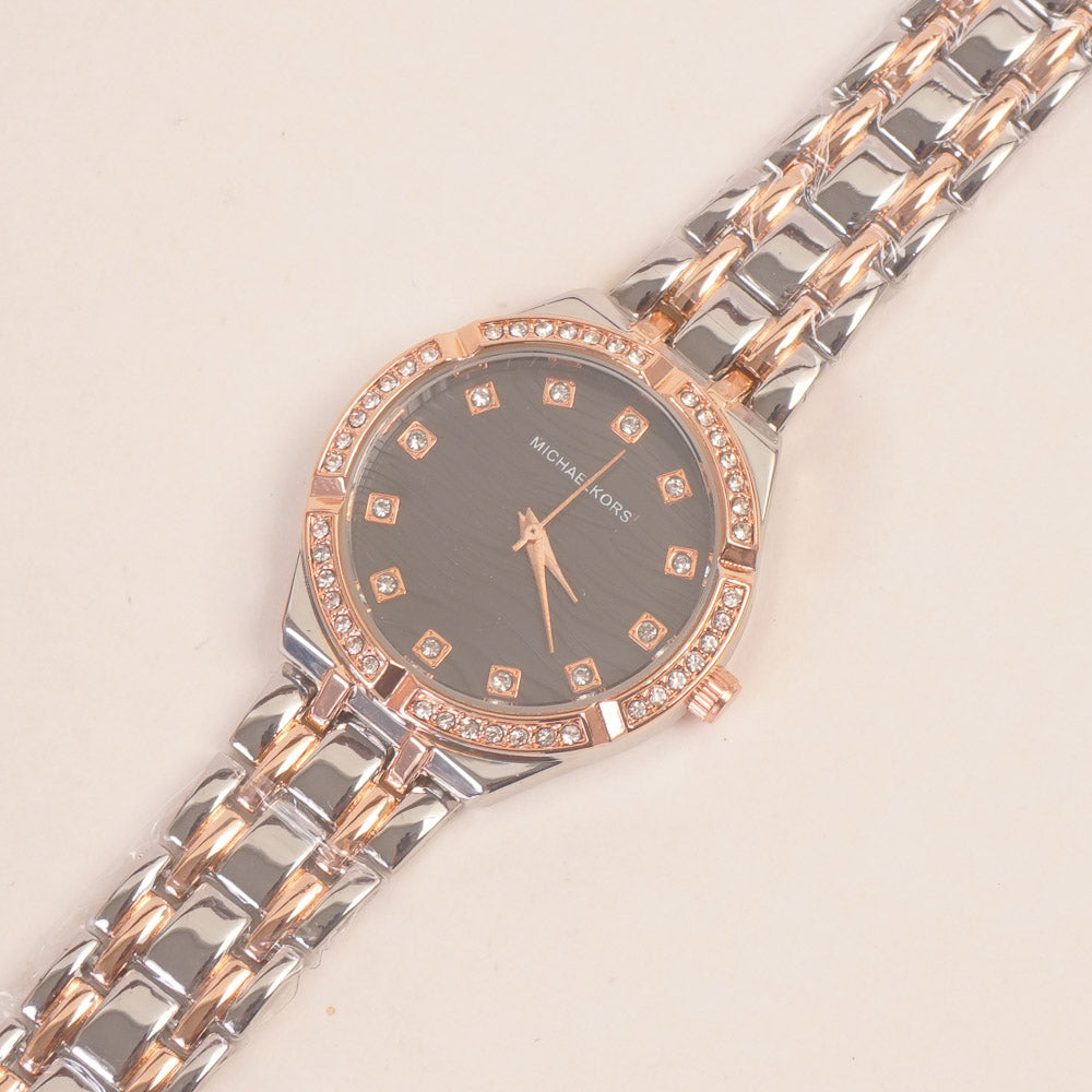 Two Tone Women Chain Wrist Watch Rosegold Black