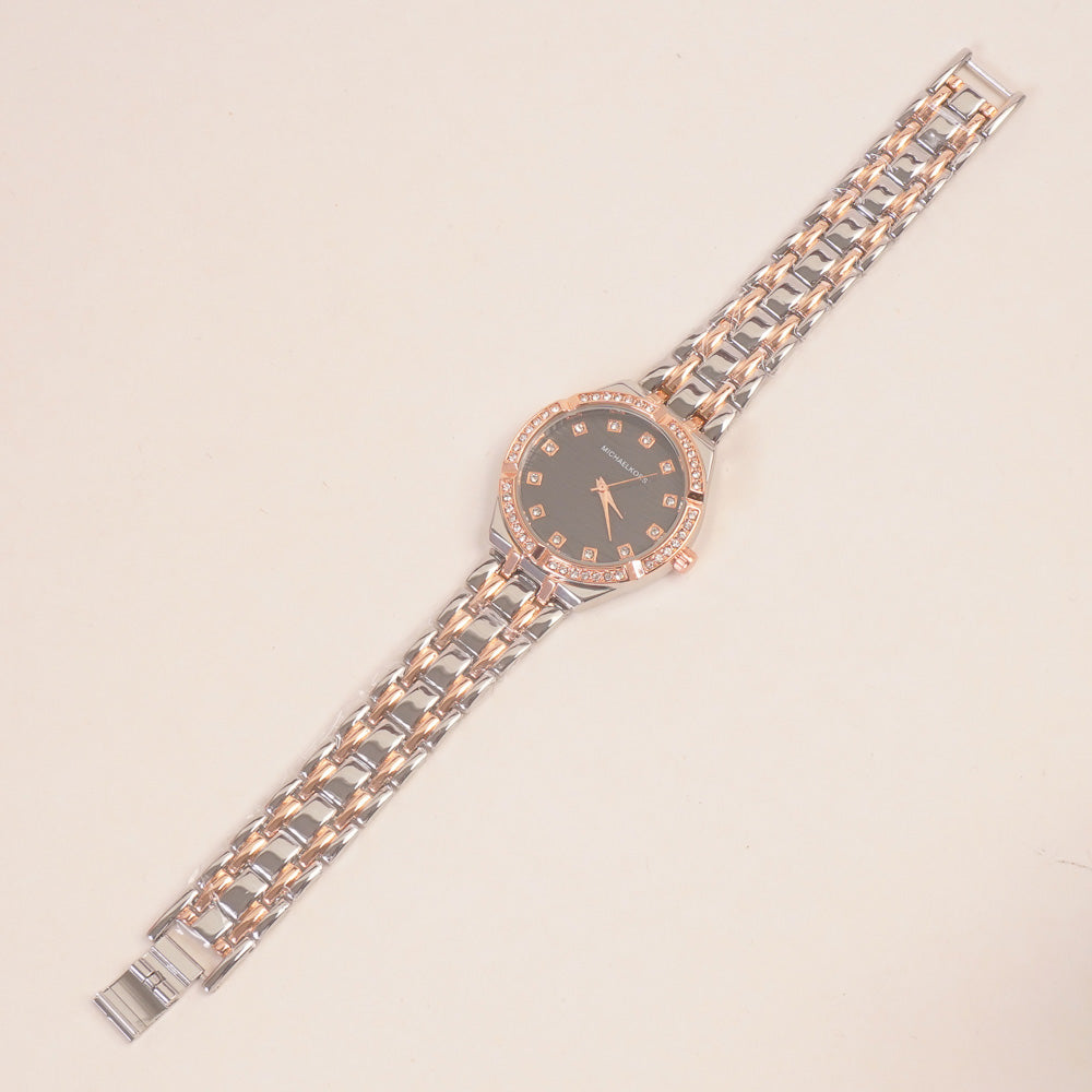 Two Tone Women Chain Wrist Watch Rosegold Black