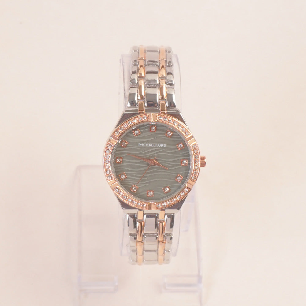 Two Tone Women Chain Wrist Watch Rosegold Green