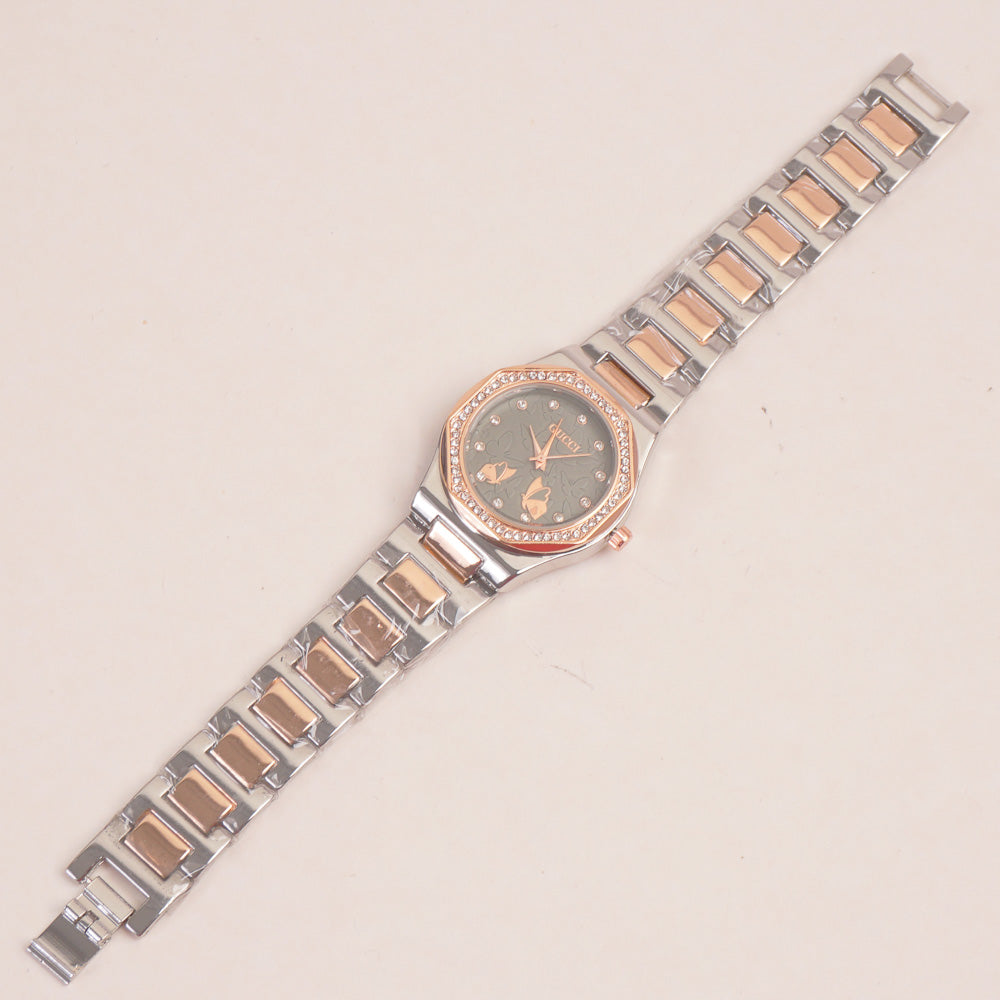 Two Tone Women Chain Wrist Watch Rosegold Green