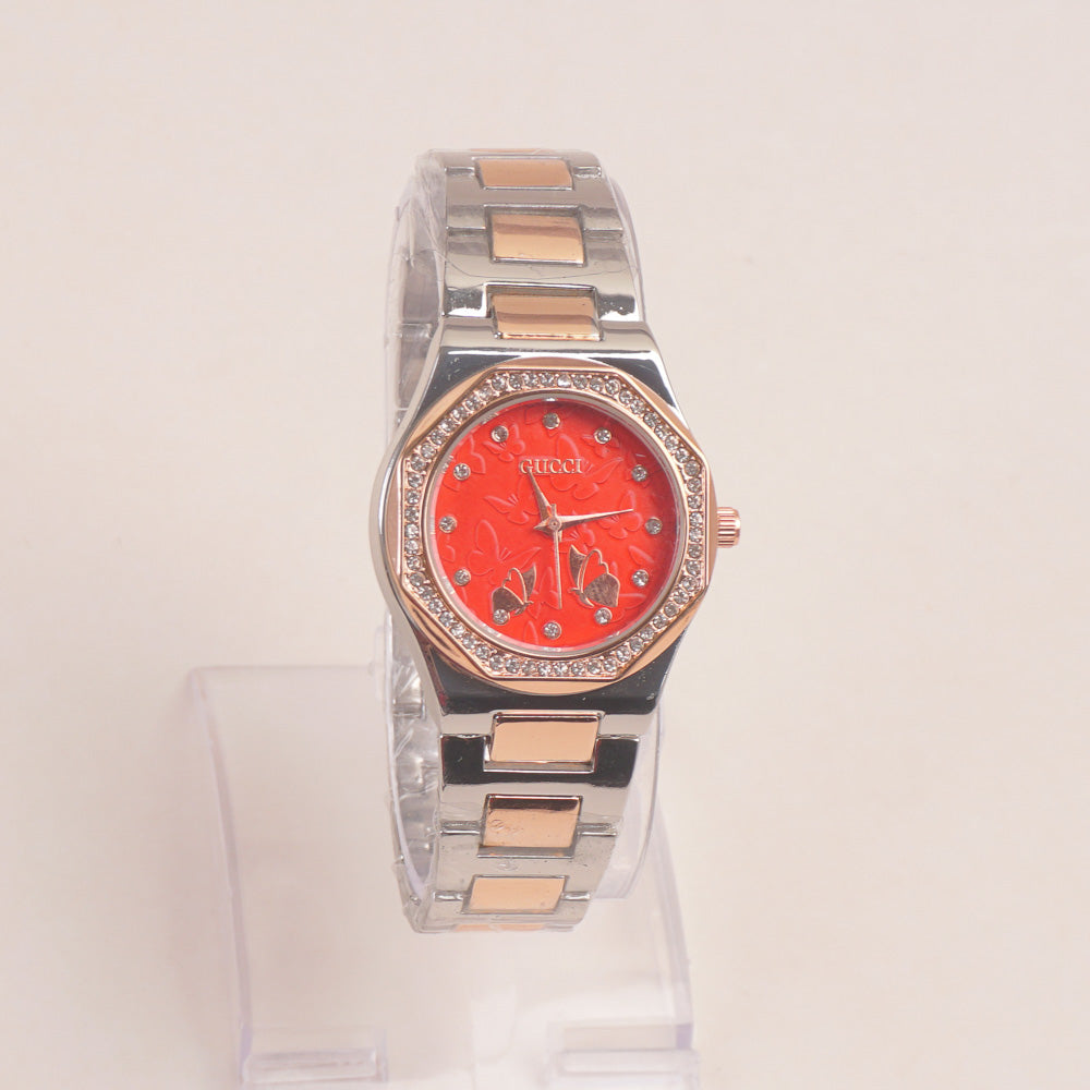 Two Tone Women Chain Wrist Watch Rosegold Red