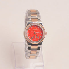 Two Tone Women Chain Wrist Watch Rosegold Red