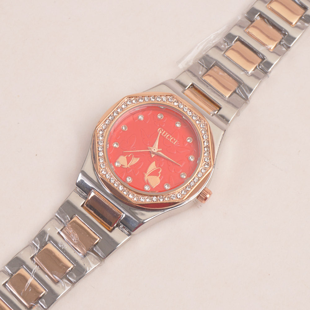 Two Tone Women Chain Wrist Watch Rosegold Red