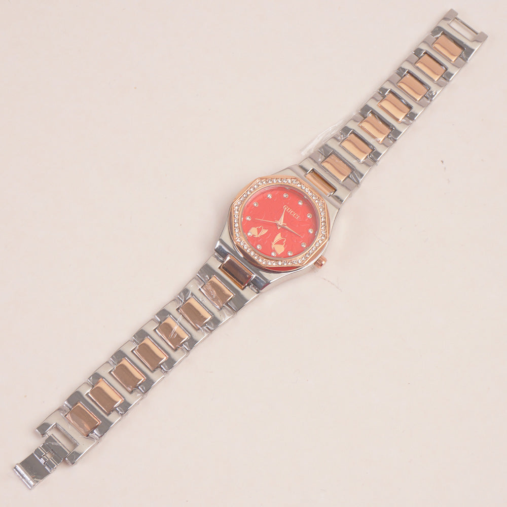 Two Tone Women Chain Wrist Watch Rosegold Red