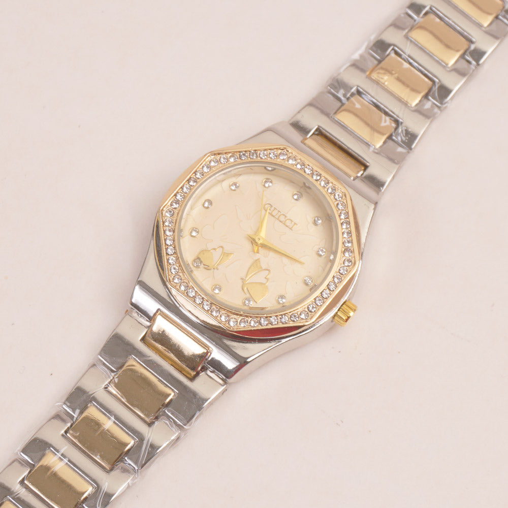 Two Tone Women Chain Wrist Watch Golden