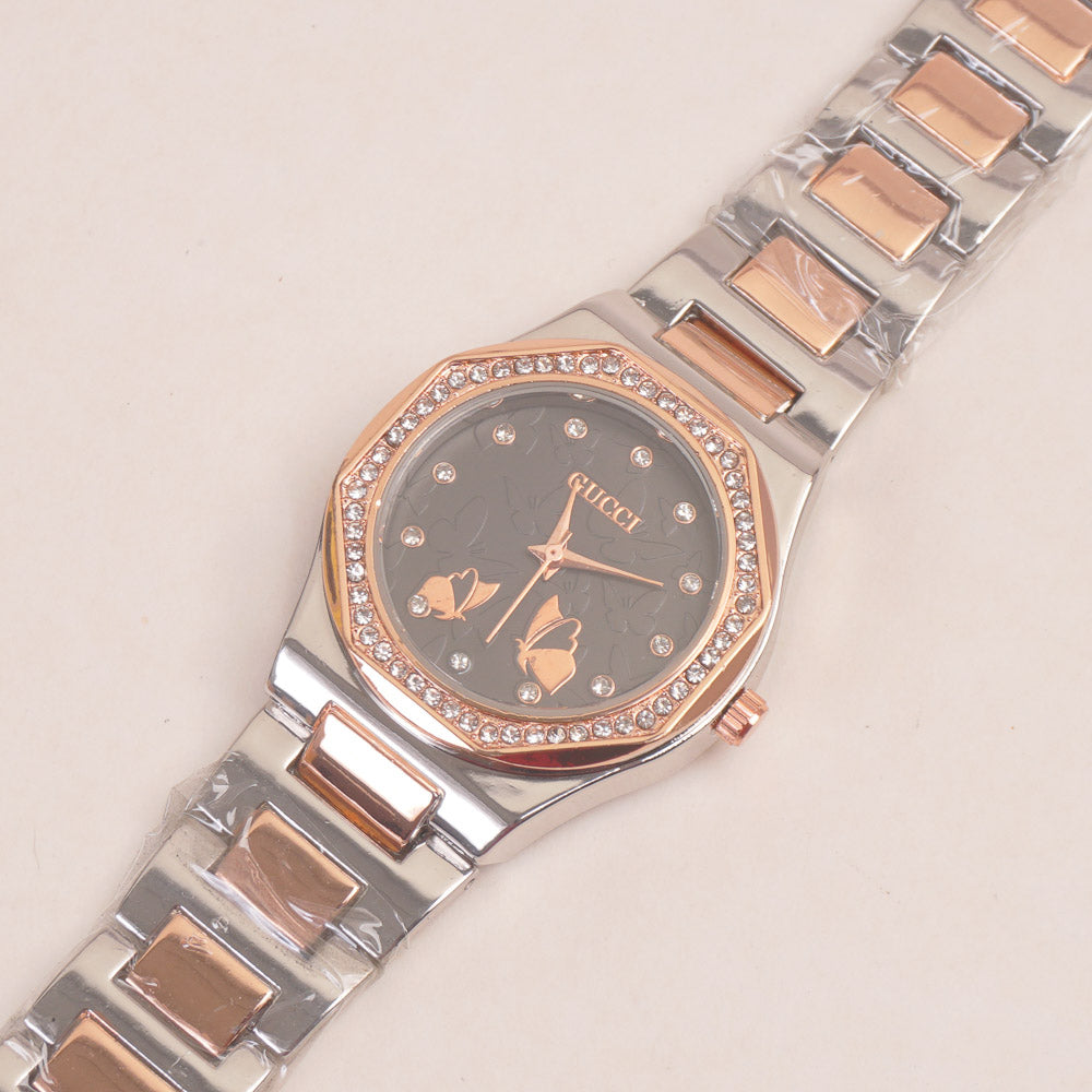 Two Tone Women Chain Wrist Watch Rosegold Black