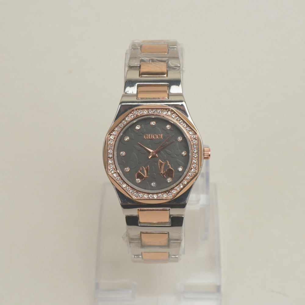 Two Tone Women Chain Wrist Watch Rosegold Black