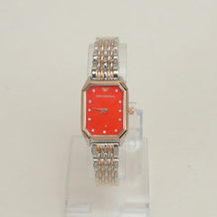 Two Tone Women Stone Design Chain Wrist Watch Red Dial