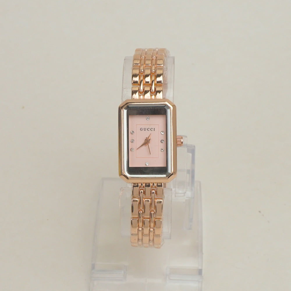 Women Stone Design Chain Wrist Watch Pink Dial