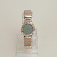 Two Tone Women Stone Design Chain Wrist Watch Rosegold Green