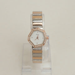 Two Tone Women Stone Design Chain Wrist Watch Rosegold White