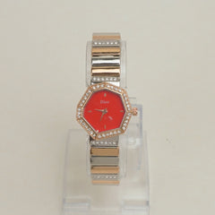 Two Tone Women Stone Design Chain Wrist Watch Rosegold Red