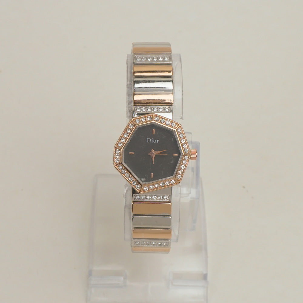 Two Tone Women Stone Design Chain Wrist Watch Rosegold Black