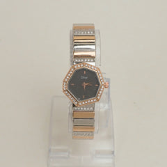 Two Tone Women Stone Design Chain Wrist Watch Rosegold Black