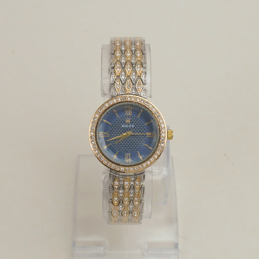 Two Tone Women Stone Design Chain Wrist Watch Blue Dial