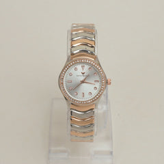 Two Tone Rosegold Women Stone Design Chain Wrist Watch Silver Dial