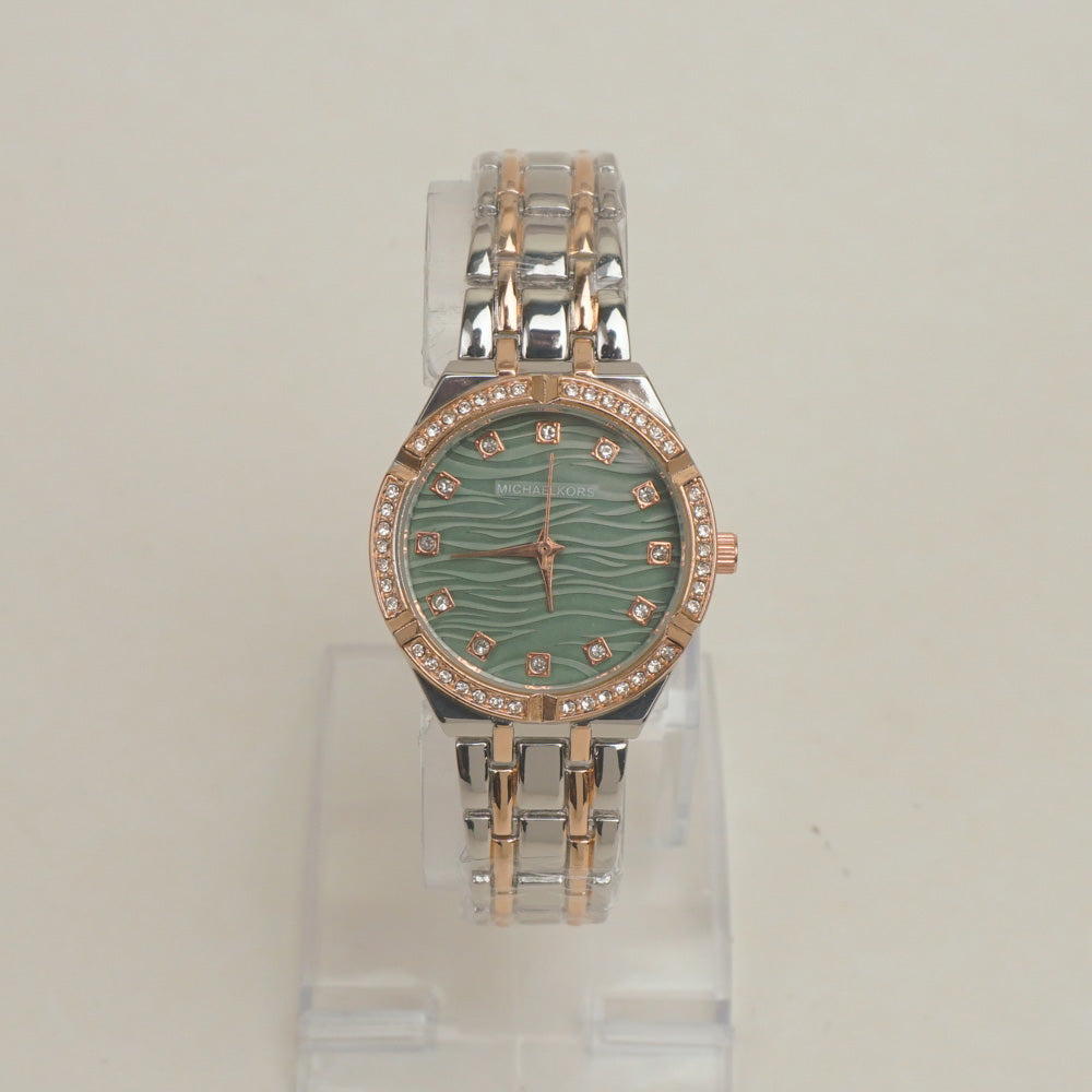 Two Tone Women Chain Wrist Watch Rosegold Green