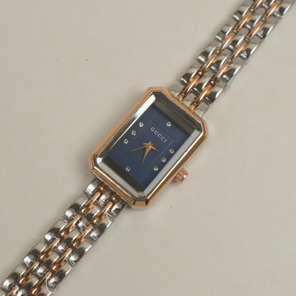 Two Tone Women Stone Design Chain Wrist Watch Blue Dial