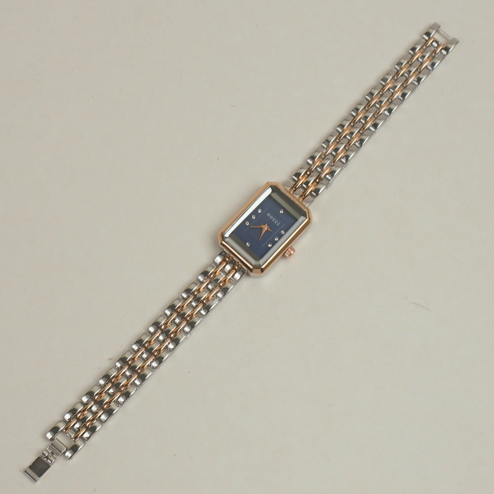 Two Tone Women Stone Design Chain Wrist Watch Blue Dial