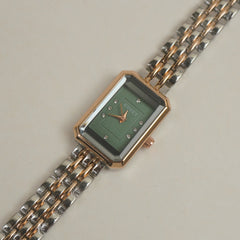 Two Tone Rosegold Women Stone Design Chain Wrist Watch Green Dial