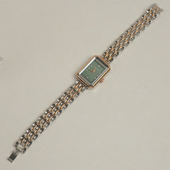 Two Tone Rosegold Women Stone Design Chain Wrist Watch Green Dial