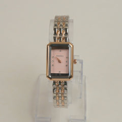 Two Tone Women Stone Design Chain Wrist Watch Pink Dial