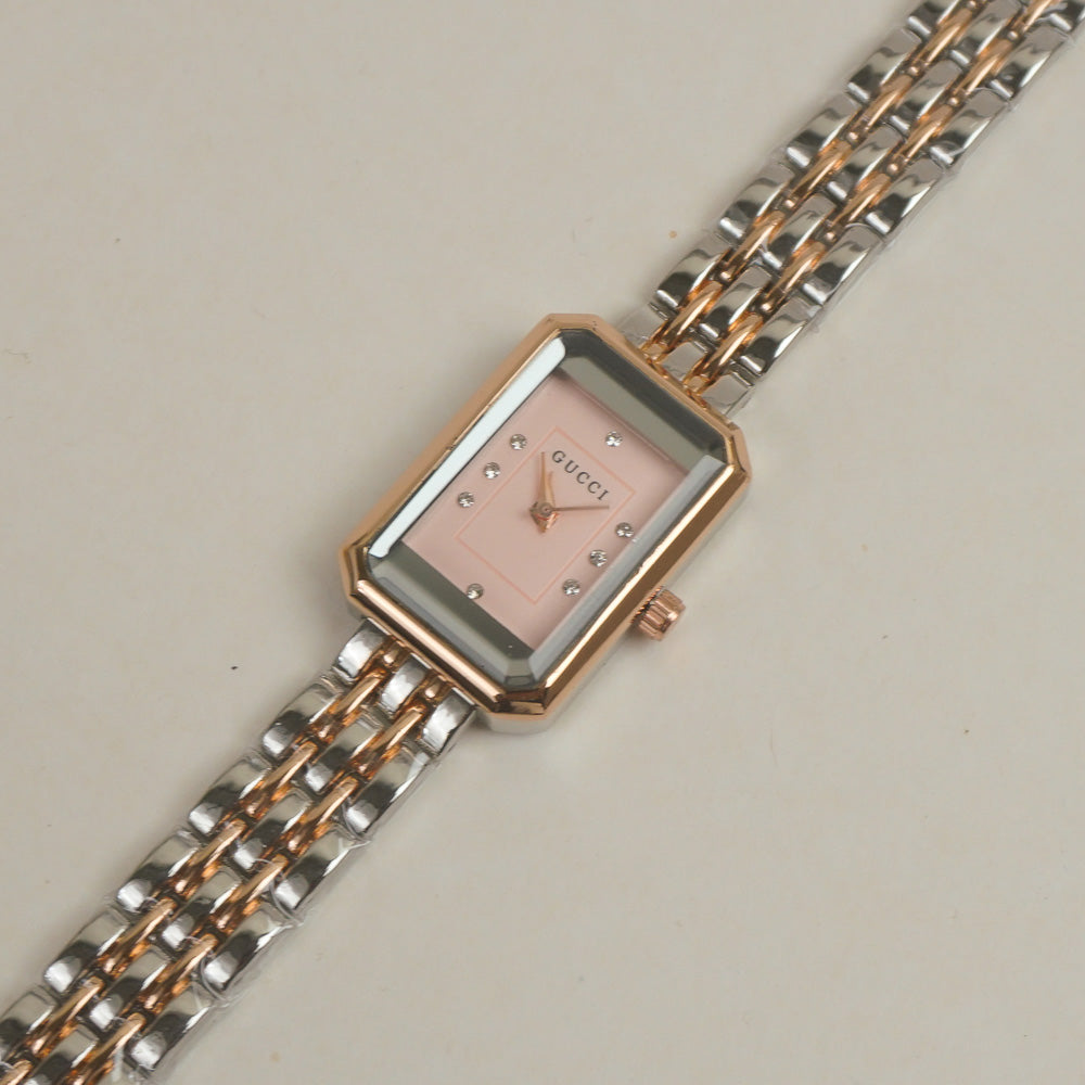 Two Tone Women Stone Design Chain Wrist Watch Pink Dial