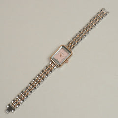 Two Tone Women Stone Design Chain Wrist Watch Pink Dial