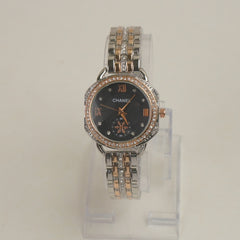 Two Tone Women Stone Design Chain Wrist Watch Black Dial