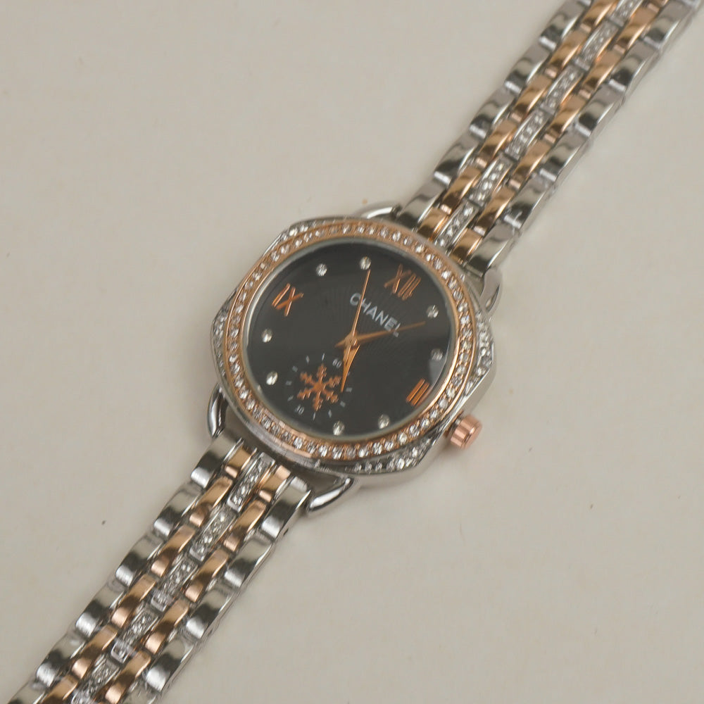 Two Tone Women Stone Design Chain Wrist Watch Black Dial