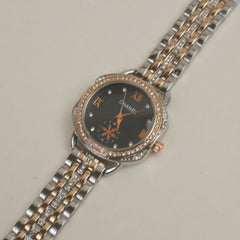 Two Tone Women Stone Design Chain Wrist Watch Black Dial