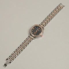 Two Tone Women Stone Design Chain Wrist Watch Black Dial