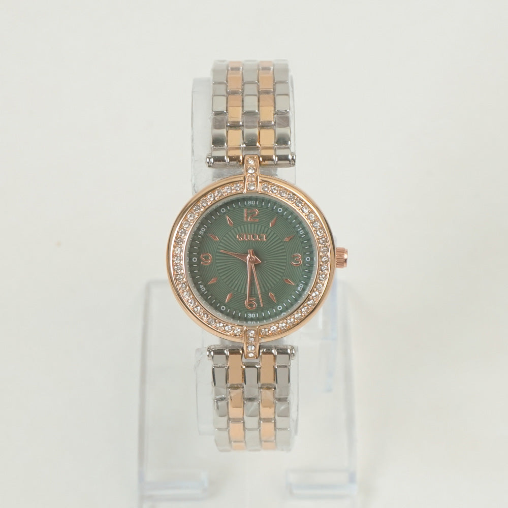 Two Tone Women Stone Design Chain Wrist Watch Rosegold Green