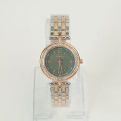 Two Tone Women Stone Design Chain Wrist Watch Rosegold Green