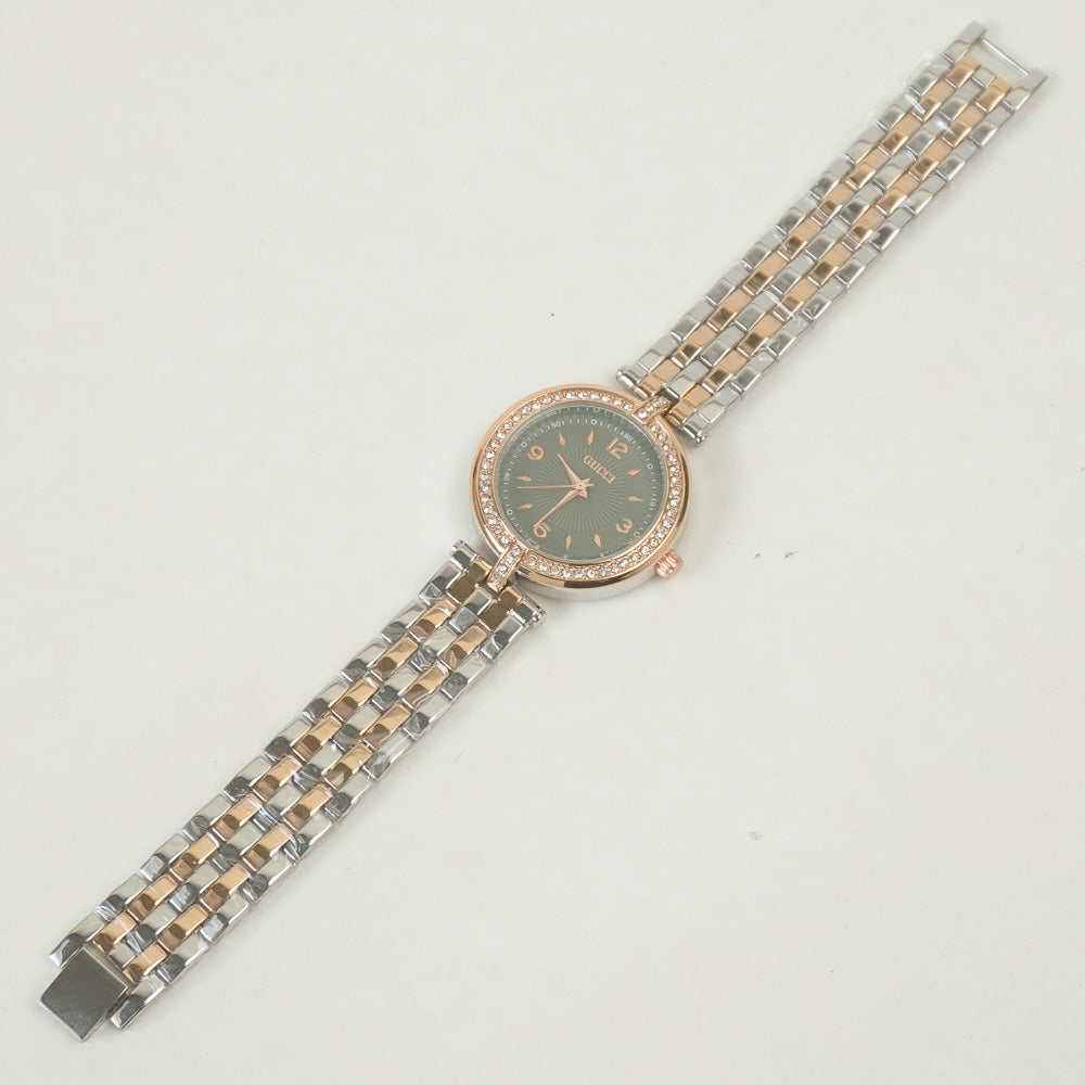 Two Tone Women Stone Design Chain Wrist Watch Rosegold Green