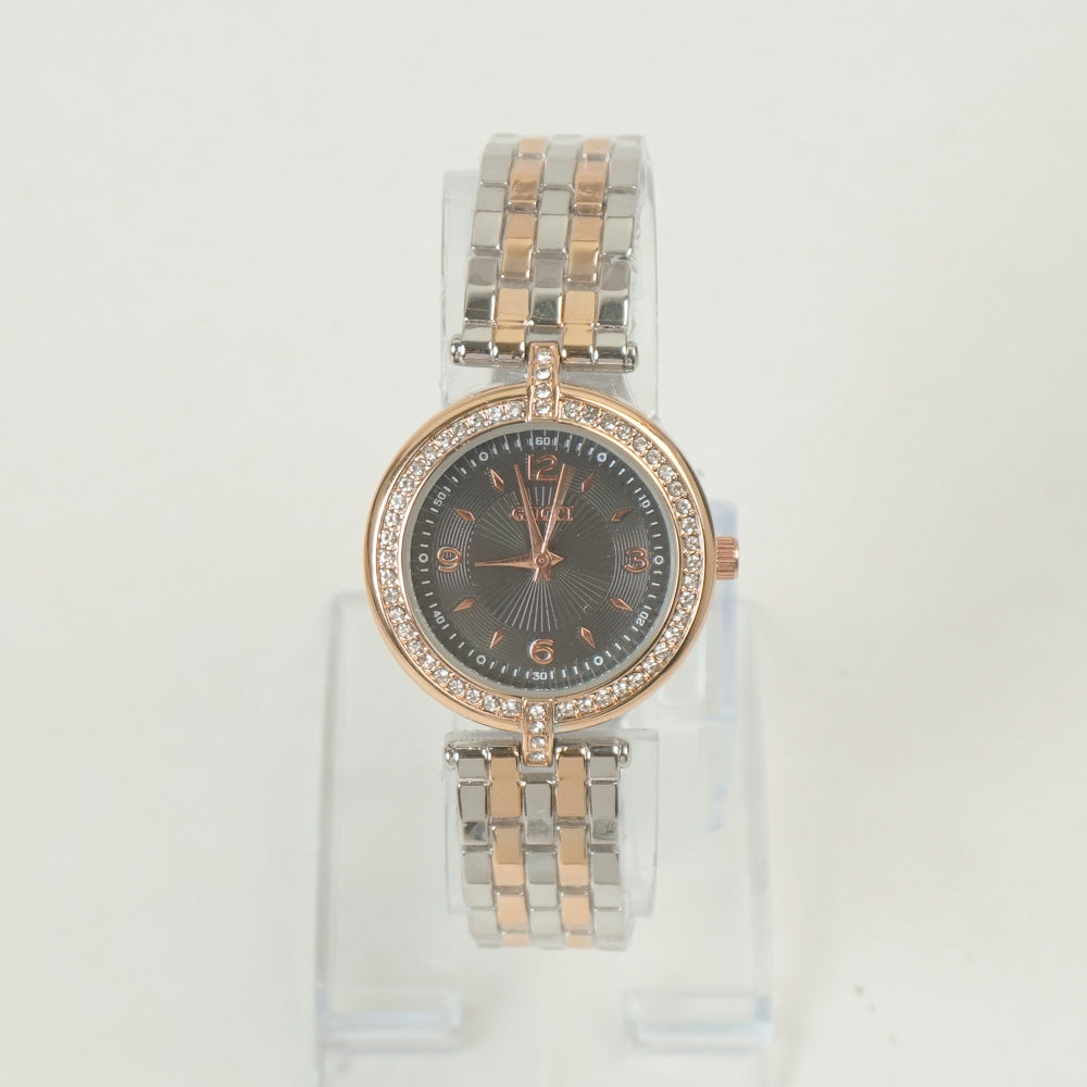 Two Tone Women Stone Design Chain Wrist Watch Rosegold Black