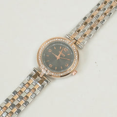 Two Tone Women Stone Design Chain Wrist Watch Rosegold Black