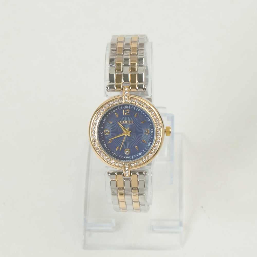 Two Tone Women Stone Design Chain Wrist Watch Golden Blue