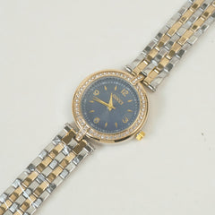 Two Tone Women Stone Design Chain Wrist Watch Golden Blue