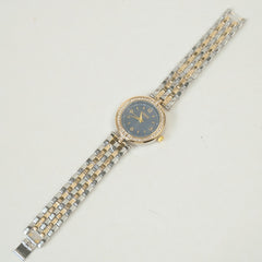 Two Tone Women Stone Design Chain Wrist Watch Golden Blue