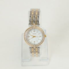 Two Tone Women Stone Design Chain Wrist Watch Golden White