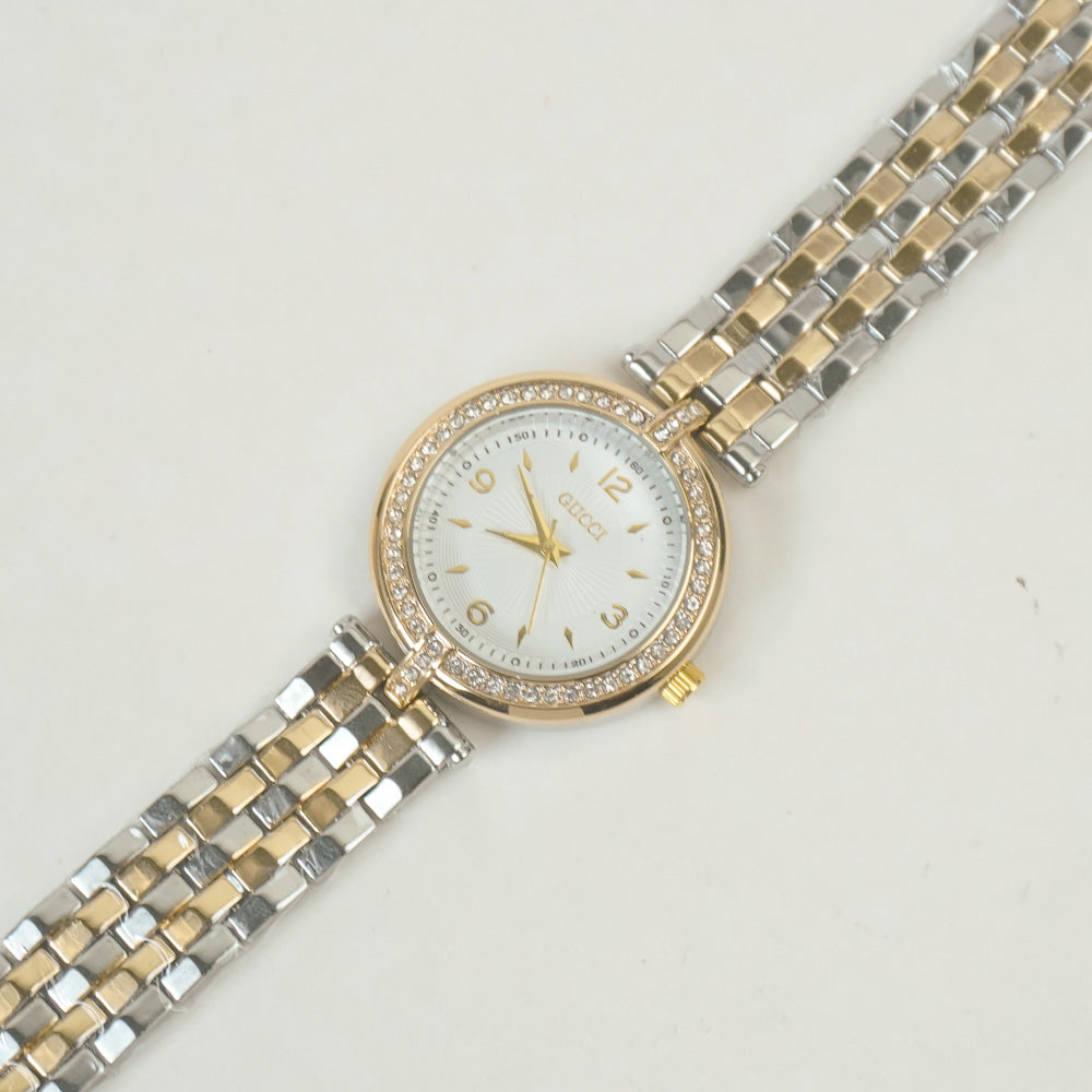 Two Tone Women Stone Design Chain Wrist Watch Golden White