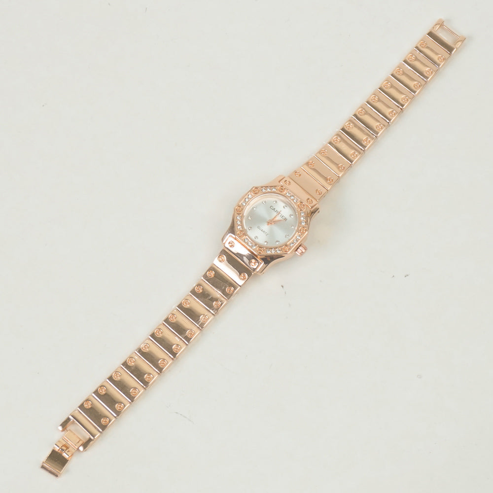 Women Stone Design Chain Wrist Watch Rosegold White