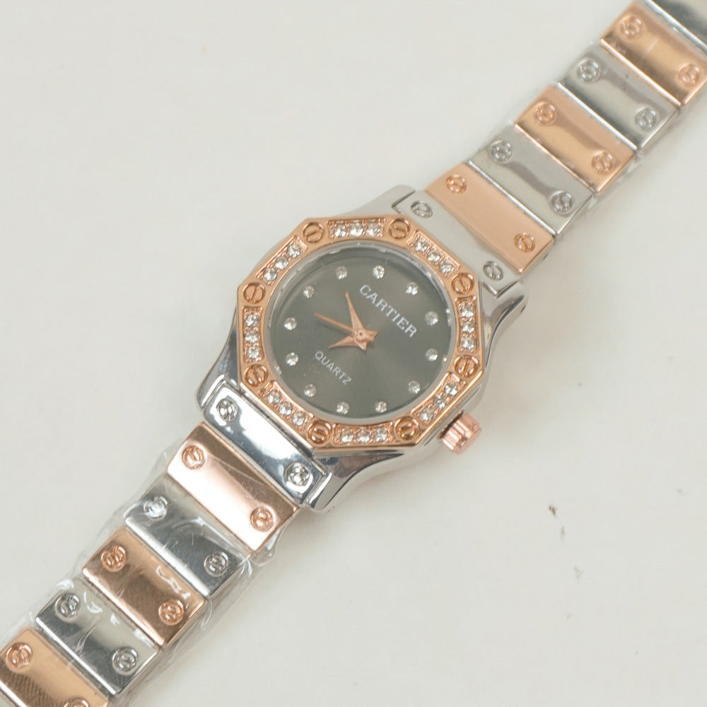 Two Tone Women Stone Design Chain Wrist Watch Rosegold Black