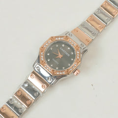 Two Tone Women Stone Design Chain Wrist Watch Rosegold Black