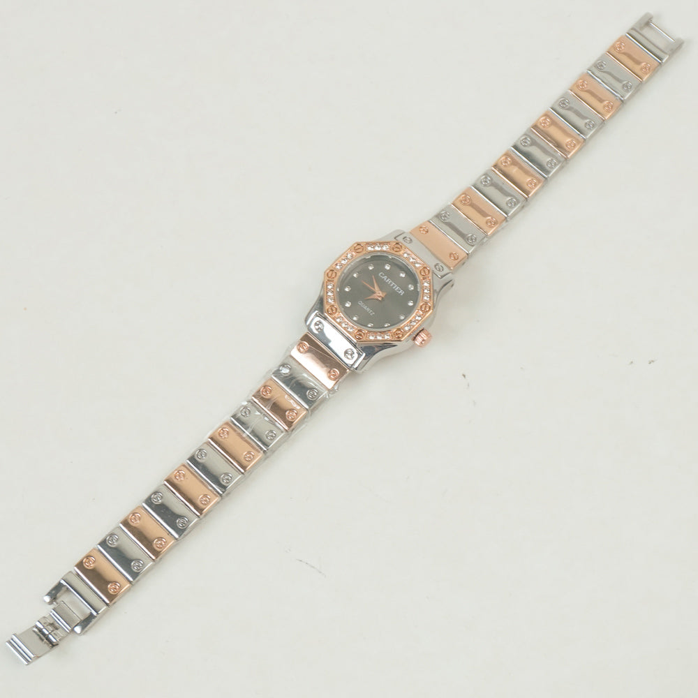 Two Tone Women Stone Design Chain Wrist Watch Rosegold Black