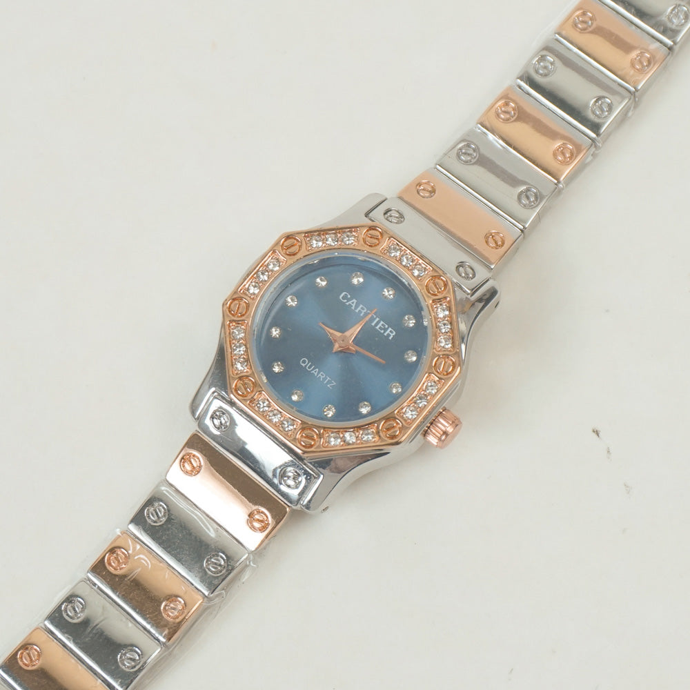 Two Tone Women Stone Design Chain Wrist Watch Rosegold Blue